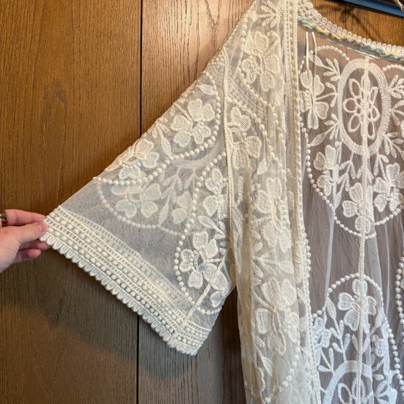 Altar'd State Ivory Mesh Embroidered Duster Lightweight Kimono Festival Boho - Picture 4 of 13